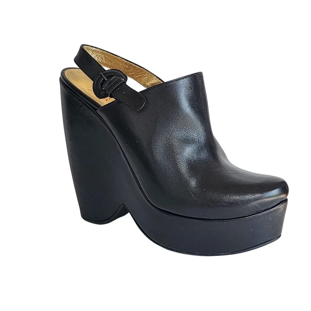 Walter Steiger Paris Black Leather Platform Wedge Slingback Heels Sandals 40